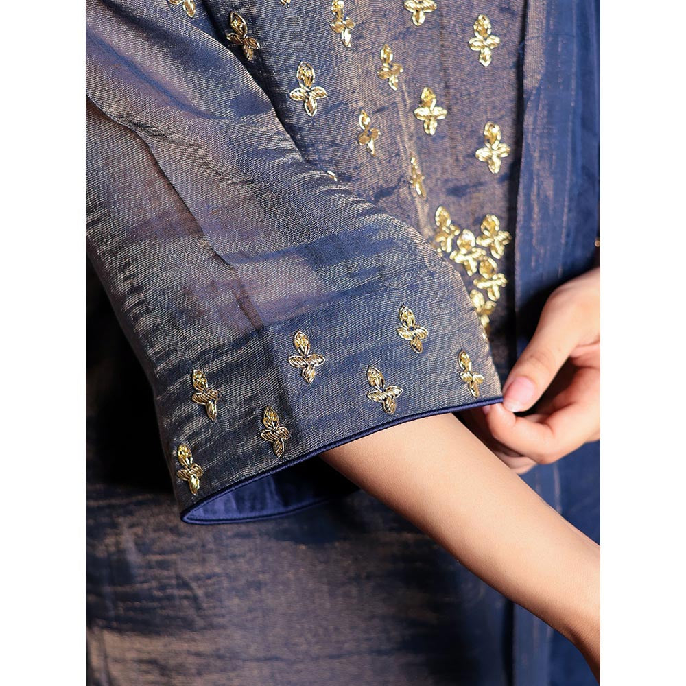 Spring Soul Navy Blue Hand Embroidered V-Neck Kurta and Pant with Dupatta (Set of 3)