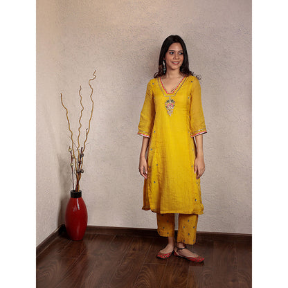 Spring Soul Yellow Tissue Chanderi Hand Embroidered V-Neck Kurta and Pant (Set of 2)