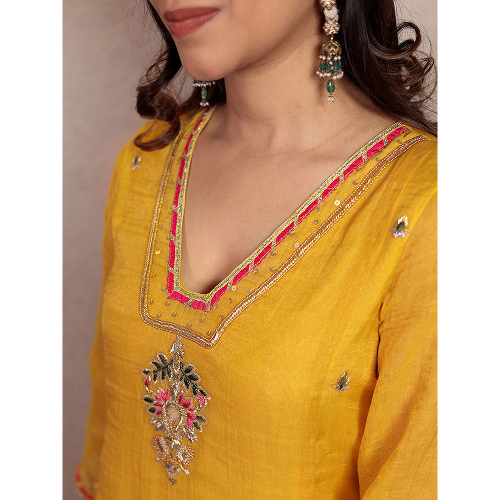 Spring Soul Yellow Tissue Chanderi Hand Embroidered V-Neck Kurta and Pant (Set of 2)