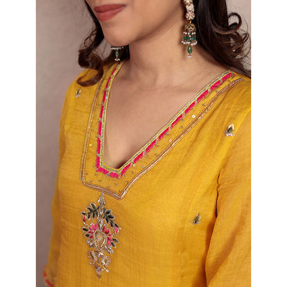 Spring Soul Yellow Tissue Chanderi Hand Embroidered V-Neck Kurta and Pant (Set of 2)