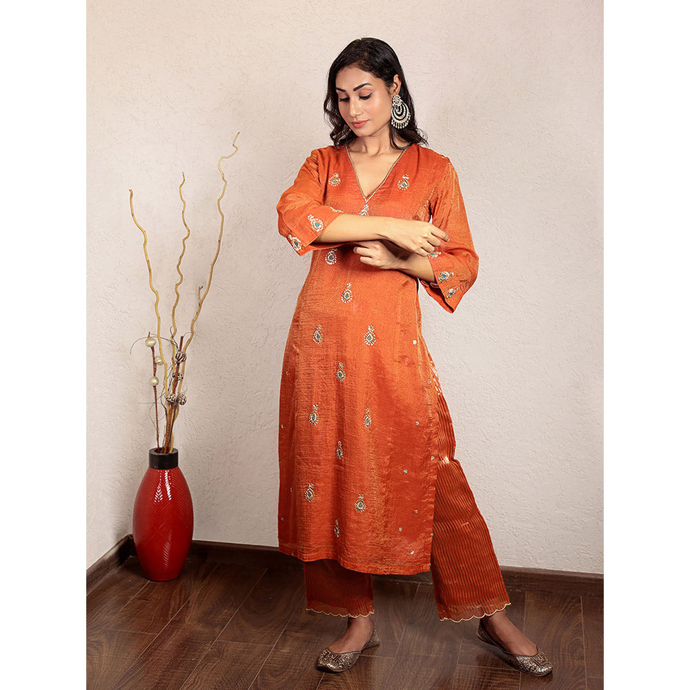 Spring Soul Orange Tissue Chanderi Hand Embroidered Kurta and Pant (Set of 2)