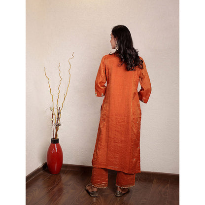 Spring Soul Orange Tissue Chanderi Hand Embroidered Kurta and Pant (Set of 2)