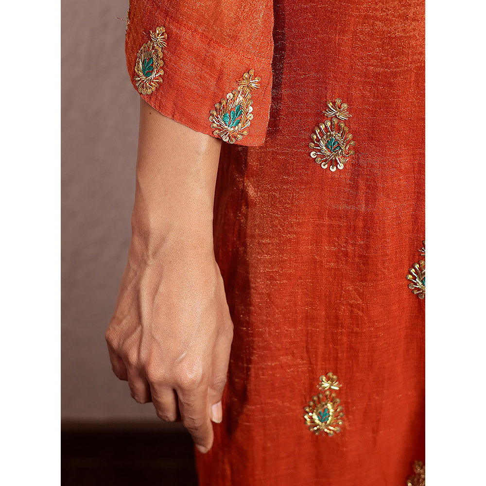 Spring Soul Orange Tissue Chanderi Hand Embroidered Kurta and Pant (Set of 2)