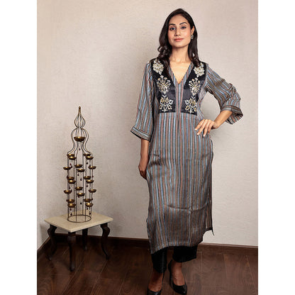 Spring Soul Multicolored Hand Embroidered Striped Modal Silk Kurta and Pant (Set of 2)