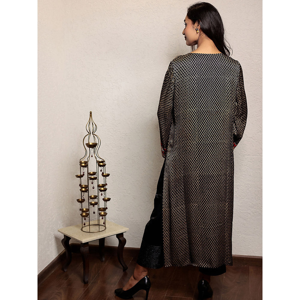 Spring Soul Black Hand Embroidered Zig Zag Modal Silk Kurta and Pant (Set of 2)