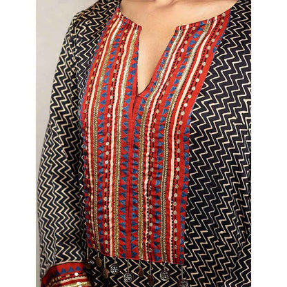 Spring Soul Black Hand Embroidered Zig Zag Modal Silk Kurta and Pant (Set of 2)