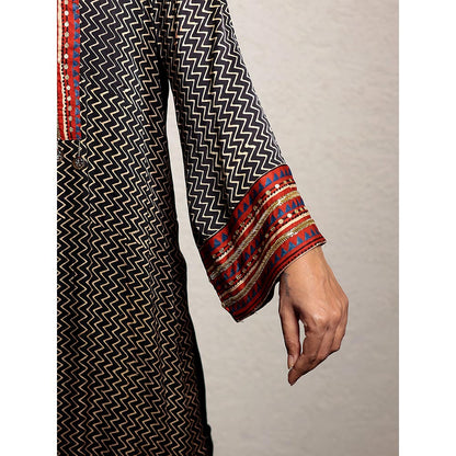 Spring Soul Black Hand Embroidered Zig Zag Modal Silk Kurta and Pant (Set of 2)