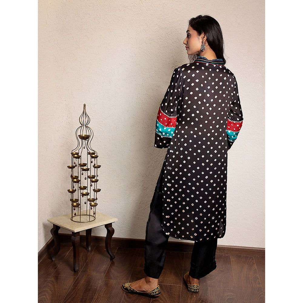 Spring Soul Black Bandhani Kurta and Pant with Thread Work (Set of 2)