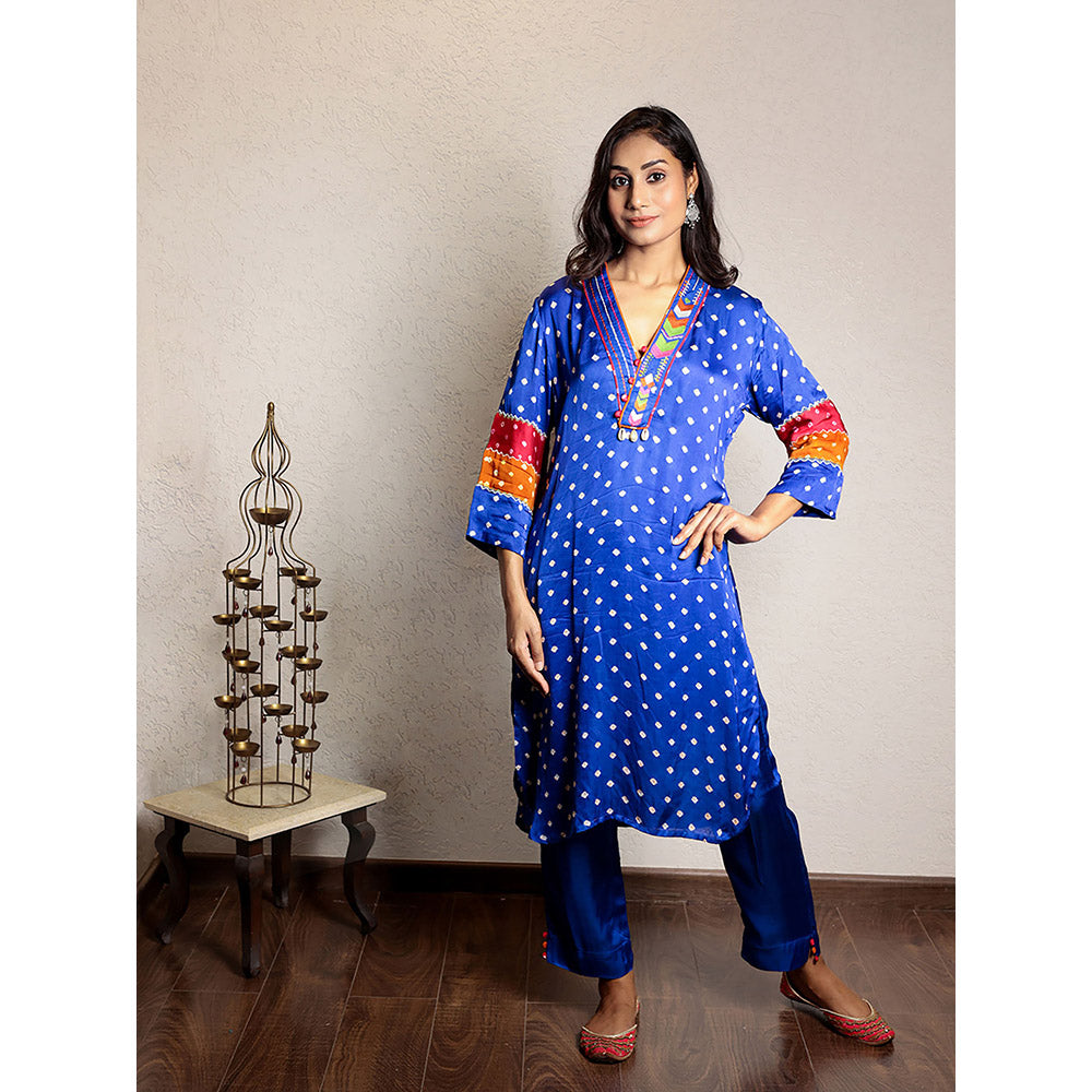 Spring Soul Blue Bandhani Kurta and Pant with Thread Work (Set of 2)