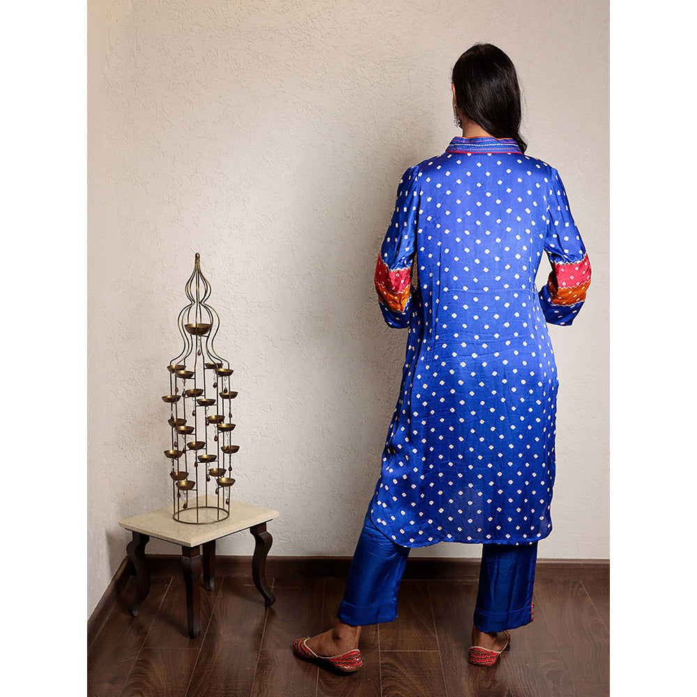 Spring Soul Blue Bandhani Kurta and Pant with Thread Work (Set of 2)