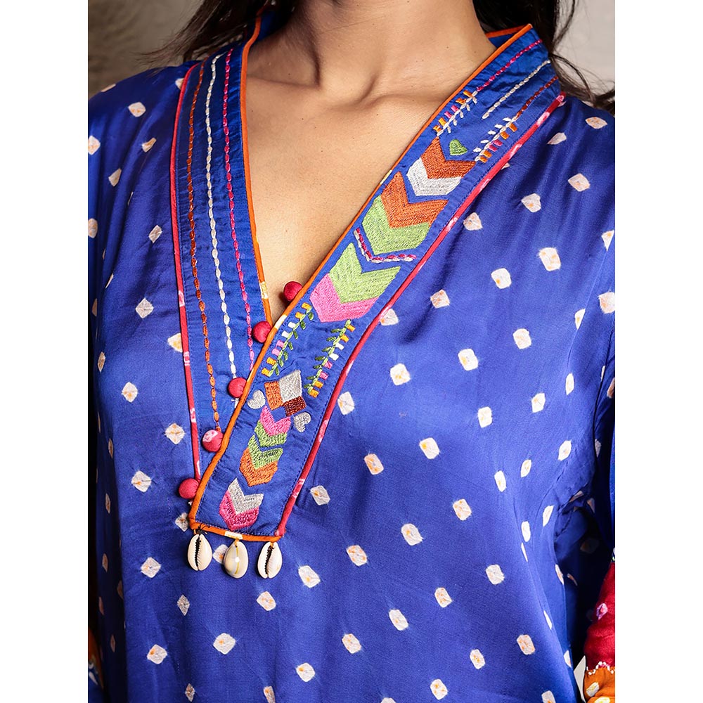 Spring Soul Blue Bandhani Kurta and Pant with Thread Work (Set of 2)