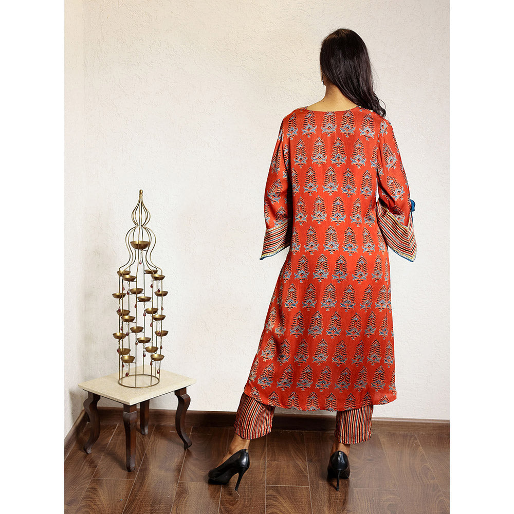 Spring Soul Red Ajrakh Printed Modal Silk Kurta and Pant with Exaggerated Sleeves (Set of 2)