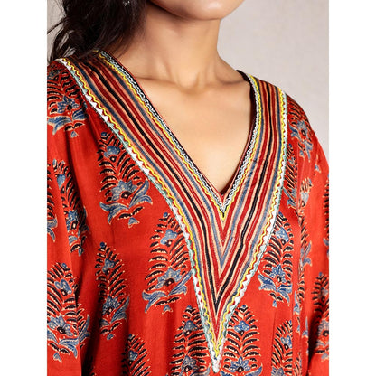 Spring Soul Red Ajrakh Printed Modal Silk Kurta and Pant with Exaggerated Sleeves (Set of 2)