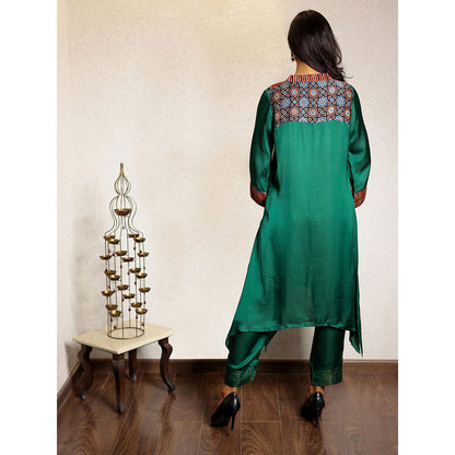 Spring Soul Green Asymmetric Modal Silk Kurta and Pant with Ajrakh Yoke Detailing (Set of 2)