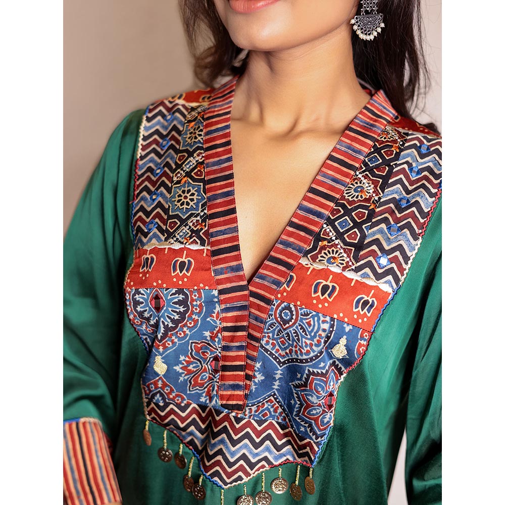 Spring Soul Green Asymmetric Modal Silk Kurta and Pant with Ajrakh Yoke Detailing (Set of 2)