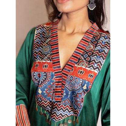 Spring Soul Green Asymmetric Modal Silk Kurta and Pant with Ajrakh Yoke Detailing (Set of 2)
