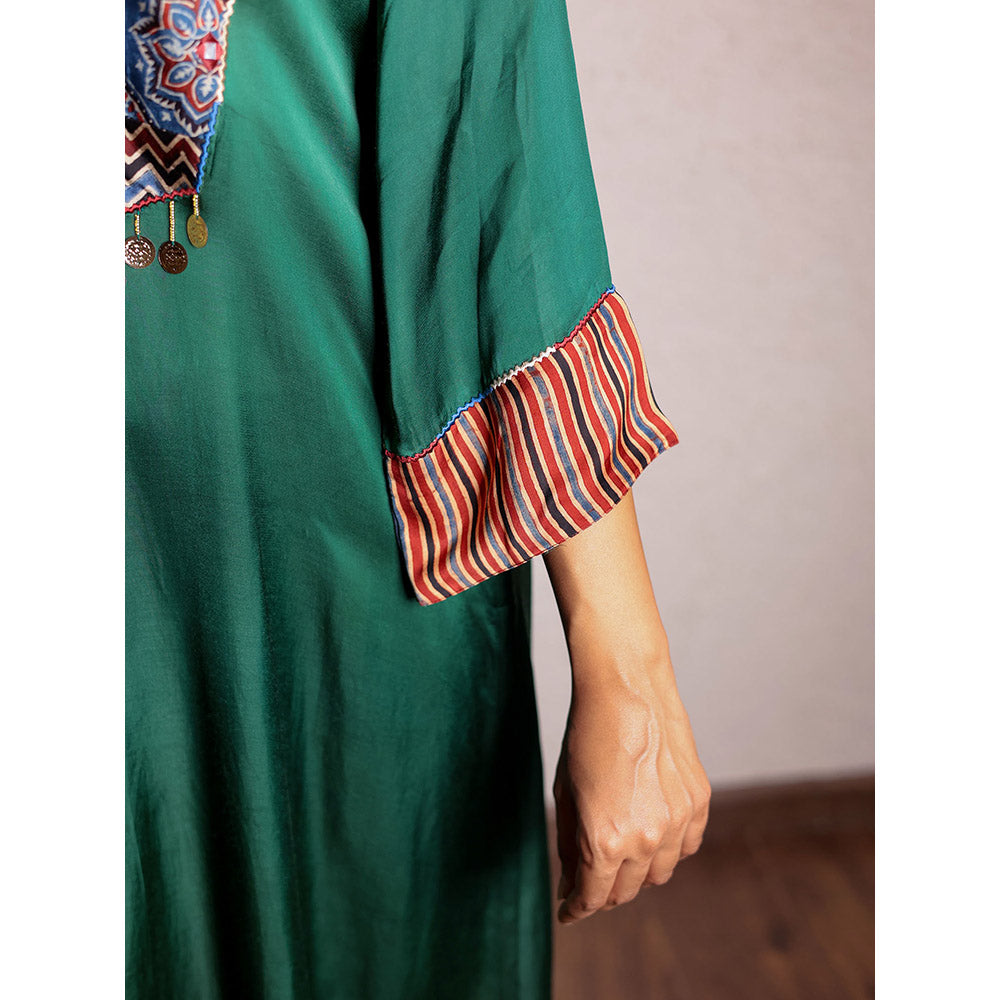 Spring Soul Green Asymmetric Modal Silk Kurta and Pant with Ajrakh Yoke Detailing (Set of 2)