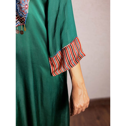 Spring Soul Green Asymmetric Modal Silk Kurta and Pant with Ajrakh Yoke Detailing (Set of 2)