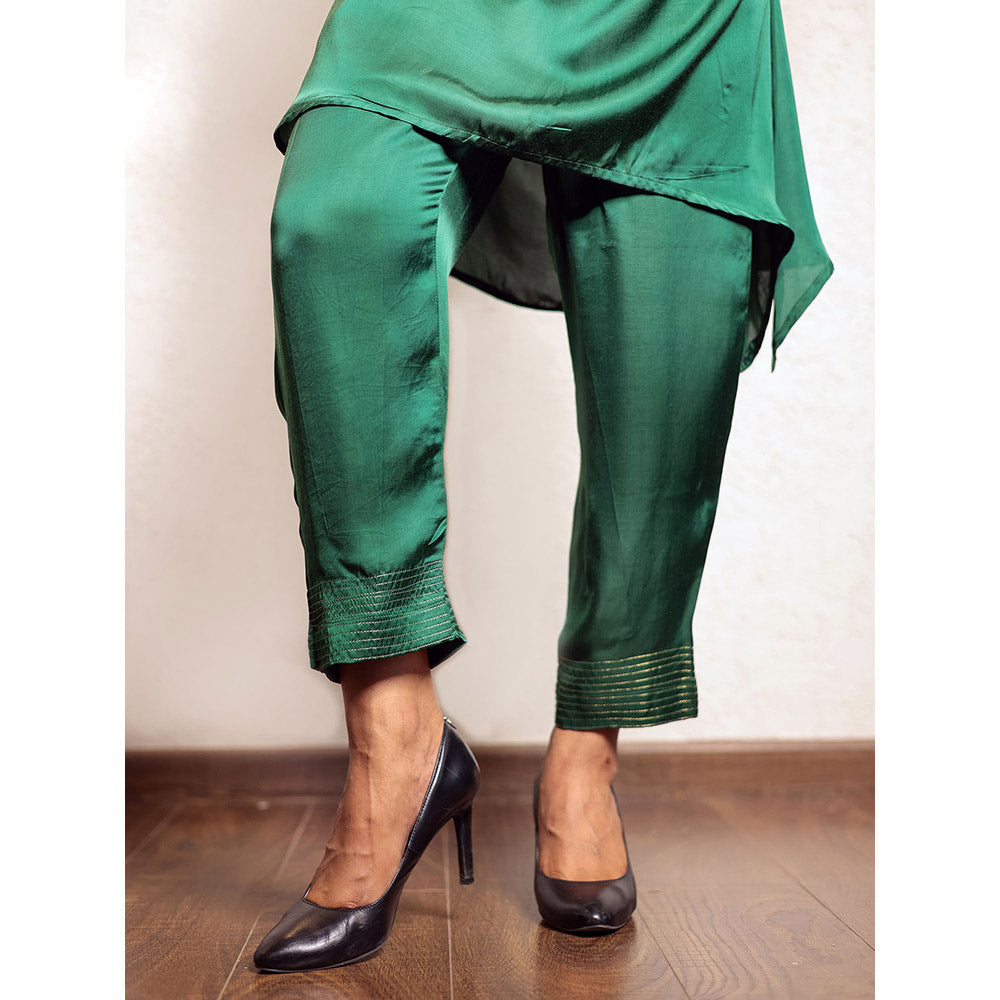 Spring Soul Green Asymmetric Modal Silk Kurta and Pant with Ajrakh Yoke Detailing (Set of 2)