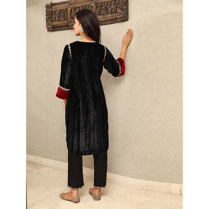 Spring Soul Black Crushed Velvet Embroidered Kurta