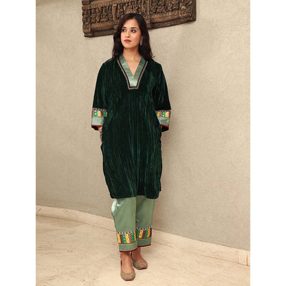 Spring Soul Green Crushed Velvet Embroidered and Brocade Applique Kurta