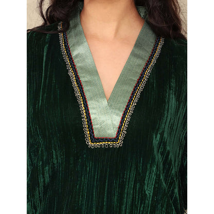 Spring Soul Green Crushed Velvet Embroidered and Brocade Applique Kurta