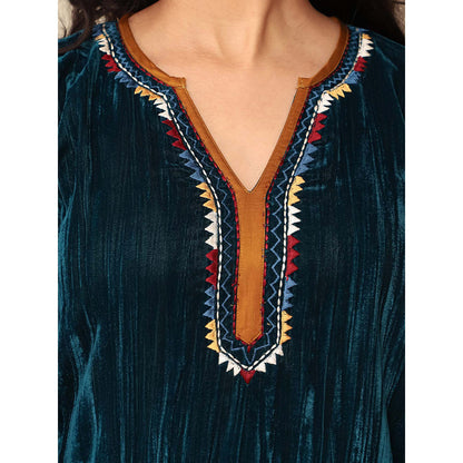 Spring Soul Teal Crushed Velvet Embroidered Kurta