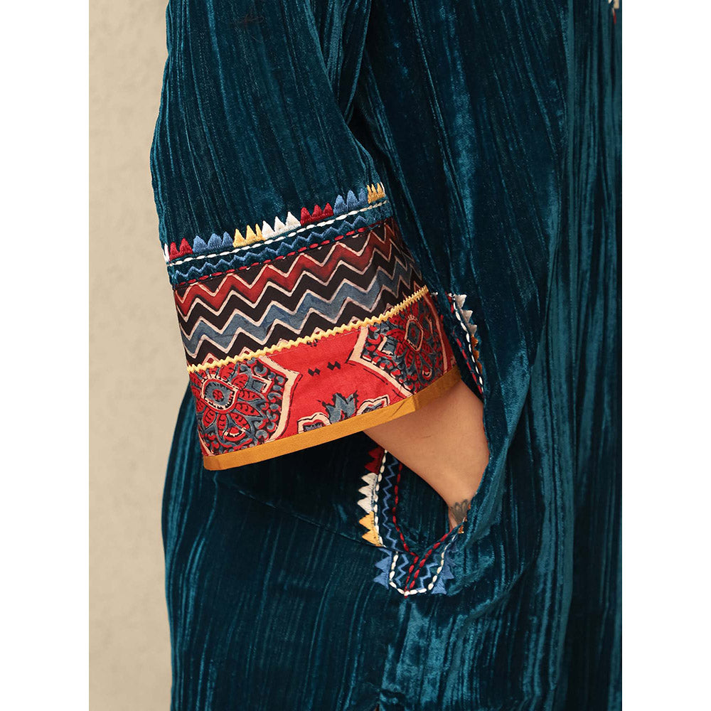 Spring Soul Teal Crushed Velvet Embroidered Kurta
