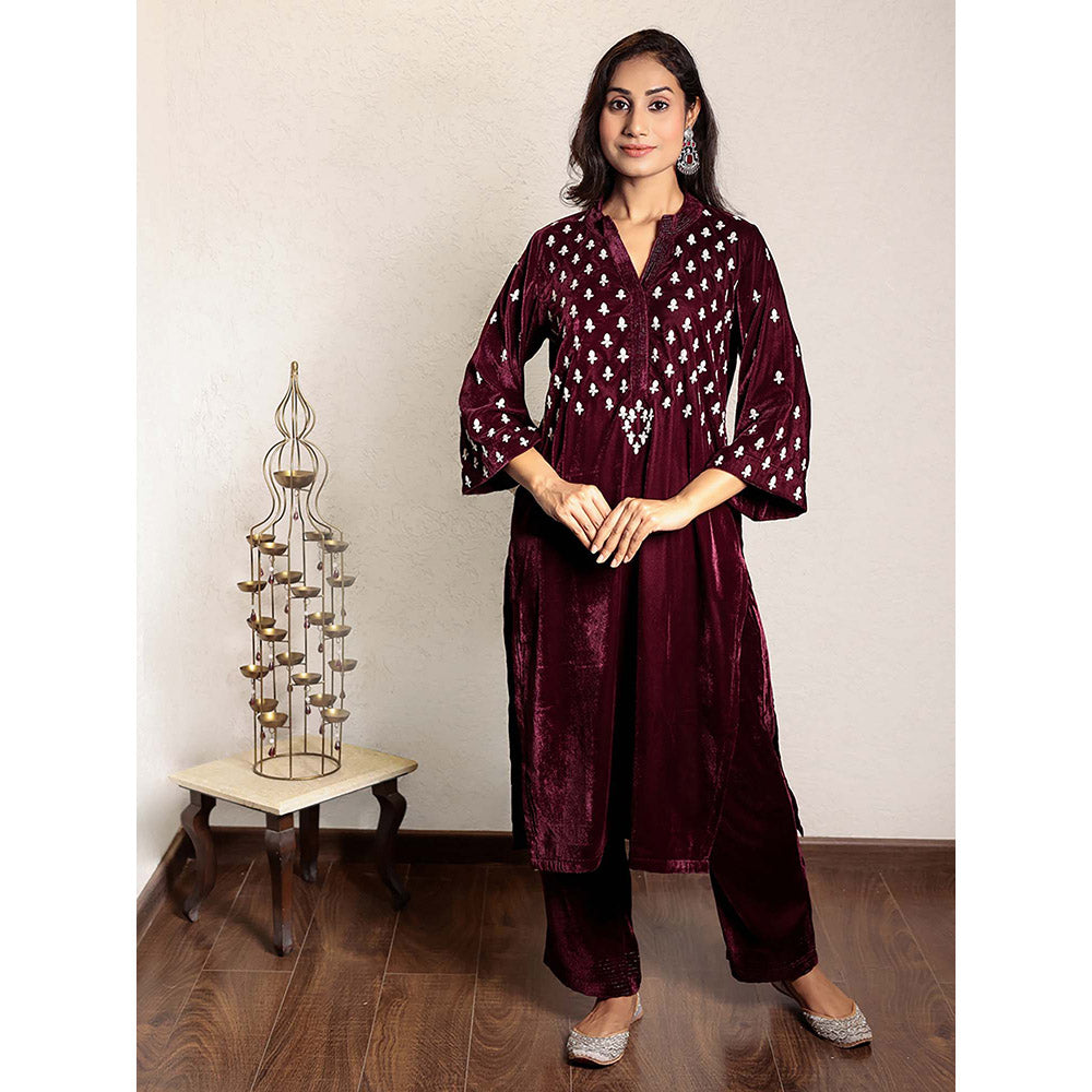 Spring Soul Wine Embroidered Velvet Kurta