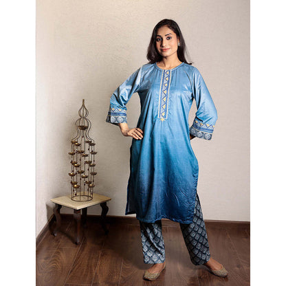 Spring Soul Blue Ombre Embroidered Micro Velvet Kurta