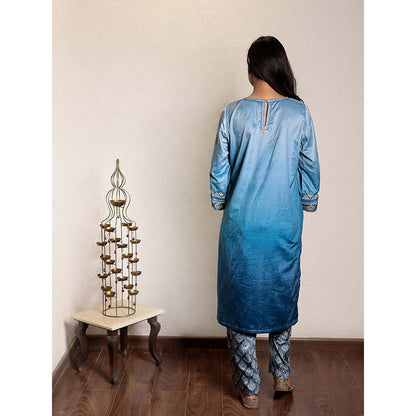 Spring Soul Blue Ombre Embroidered Micro Velvet Kurta