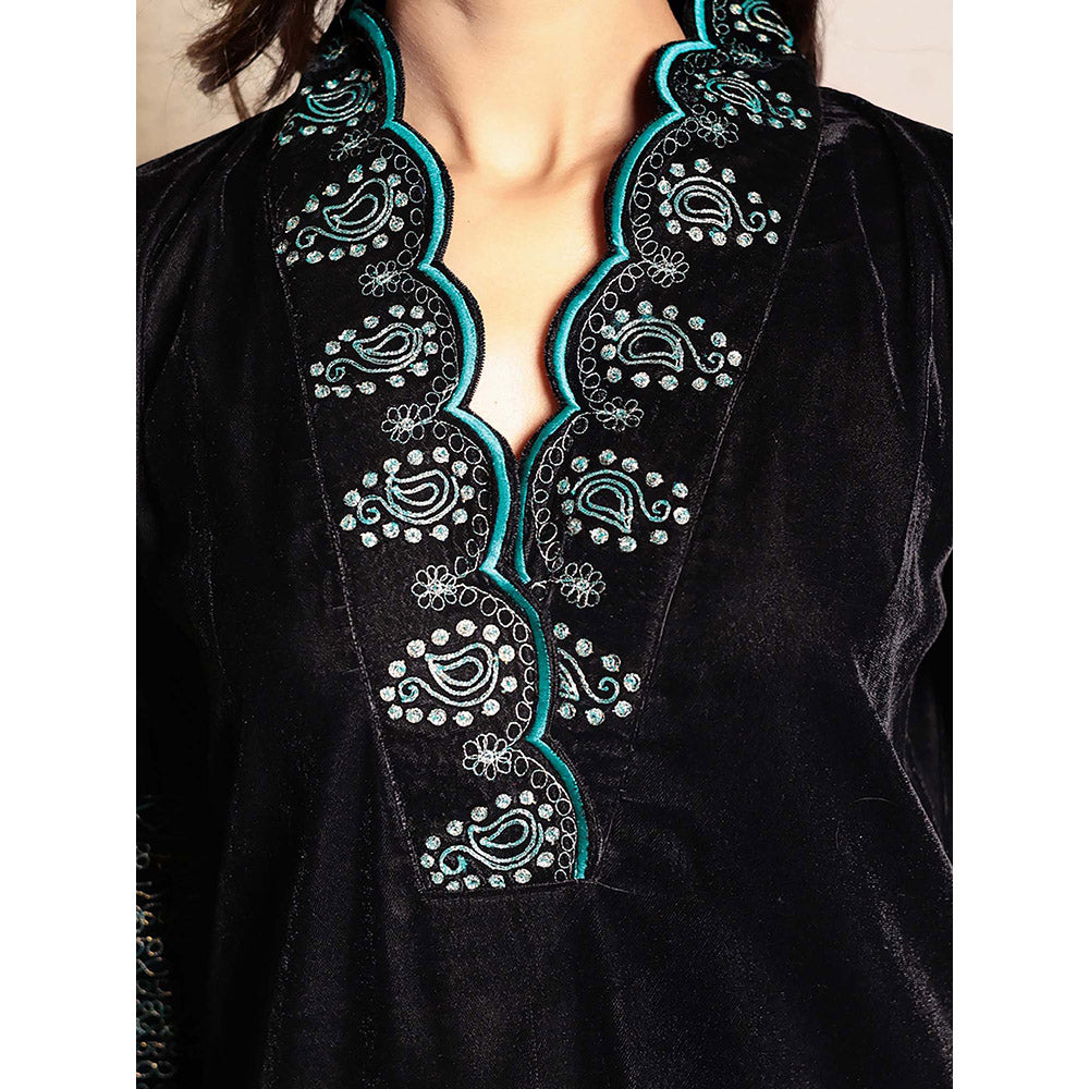 Spring Soul Black Embroidered V-Neck Velvet Kurta