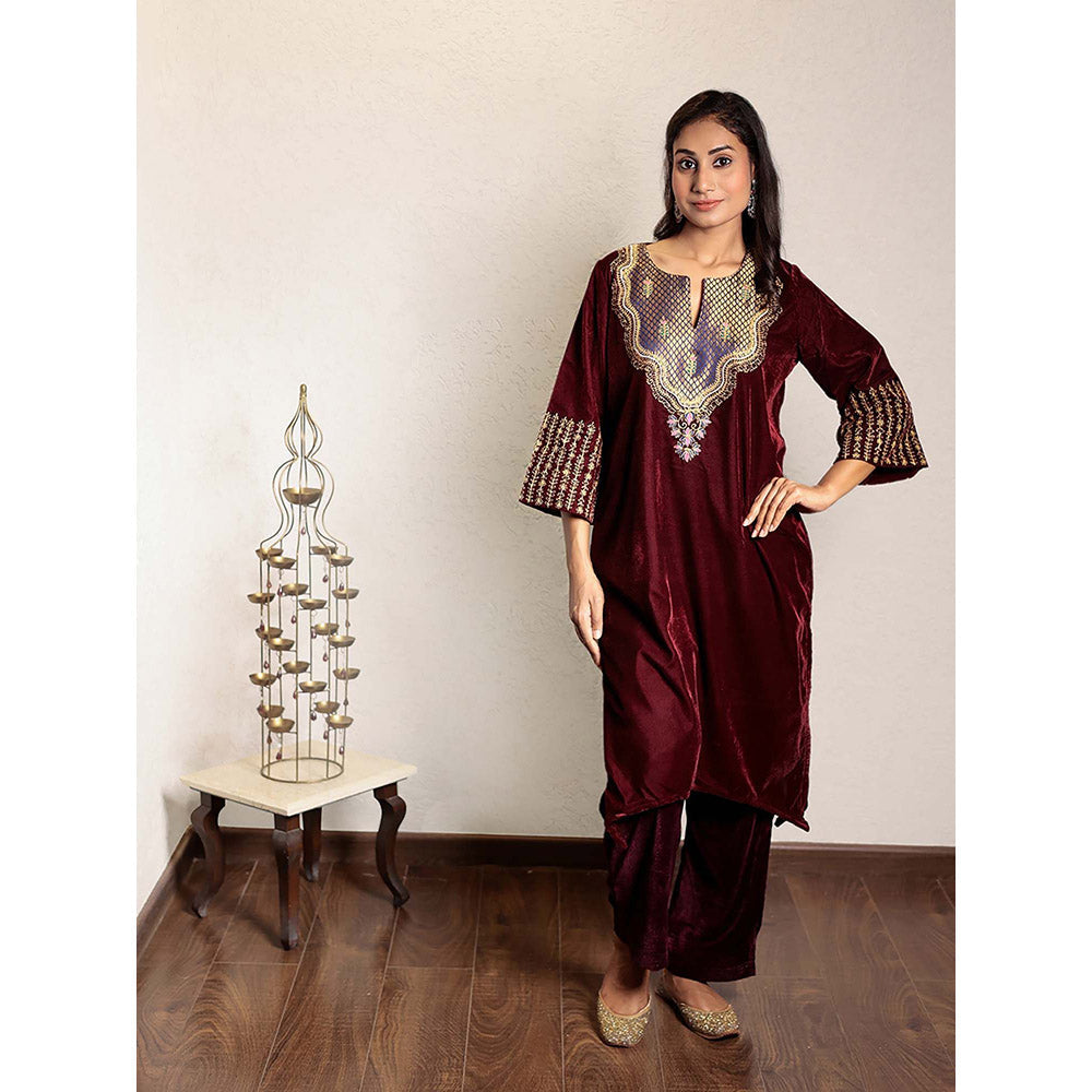 Spring Soul Wine Embroidered Velvet Kurta