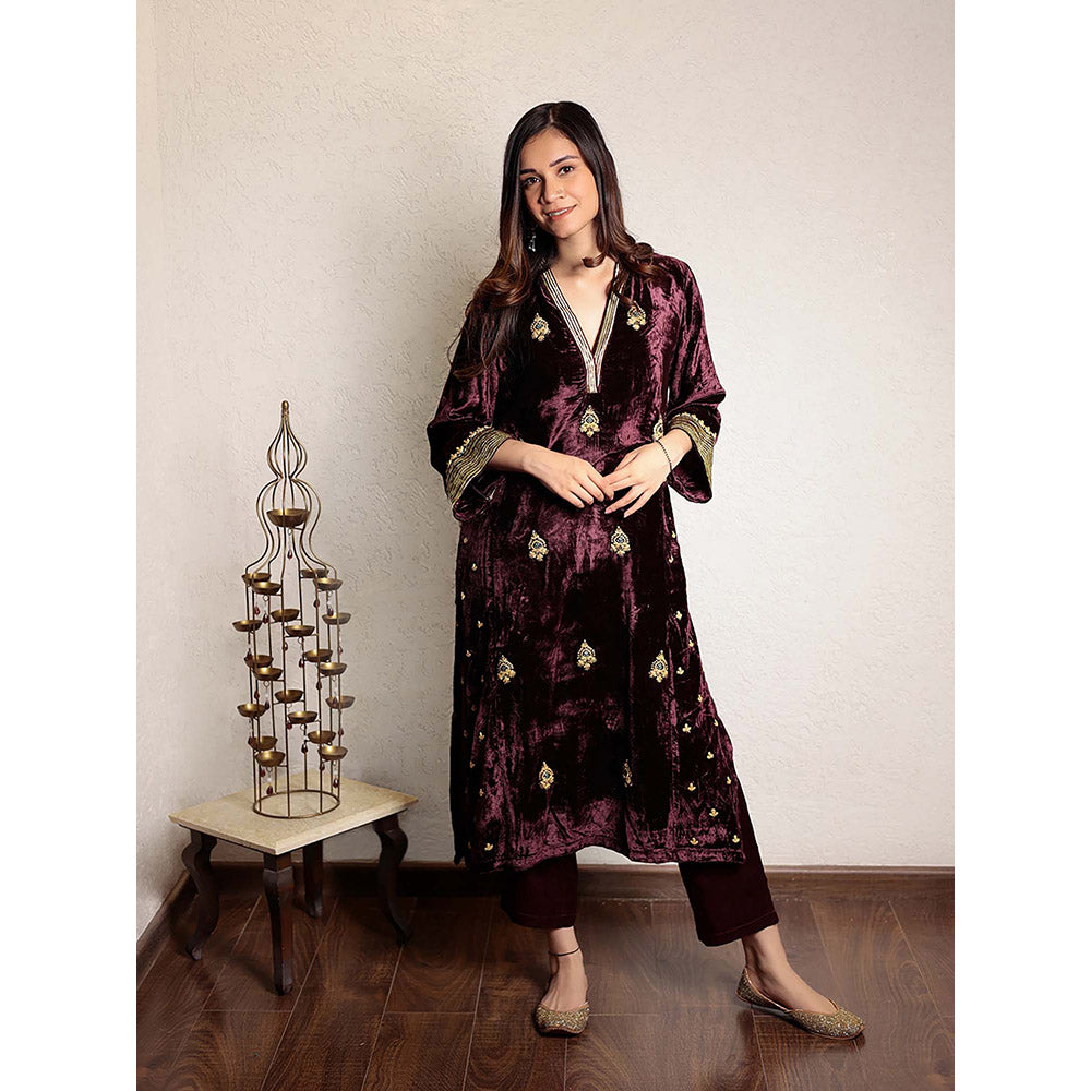 Spring Soul Wine Embroidered V-Neck Velvet Kurta