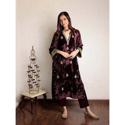 Spring Soul Wine Embroidered V-Neck Velvet Kurta