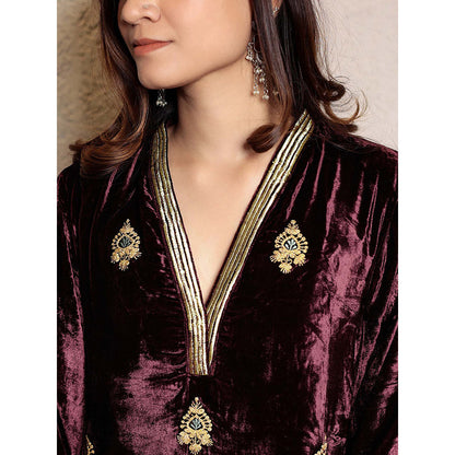 Spring Soul Wine Embroidered V-Neck Velvet Kurta