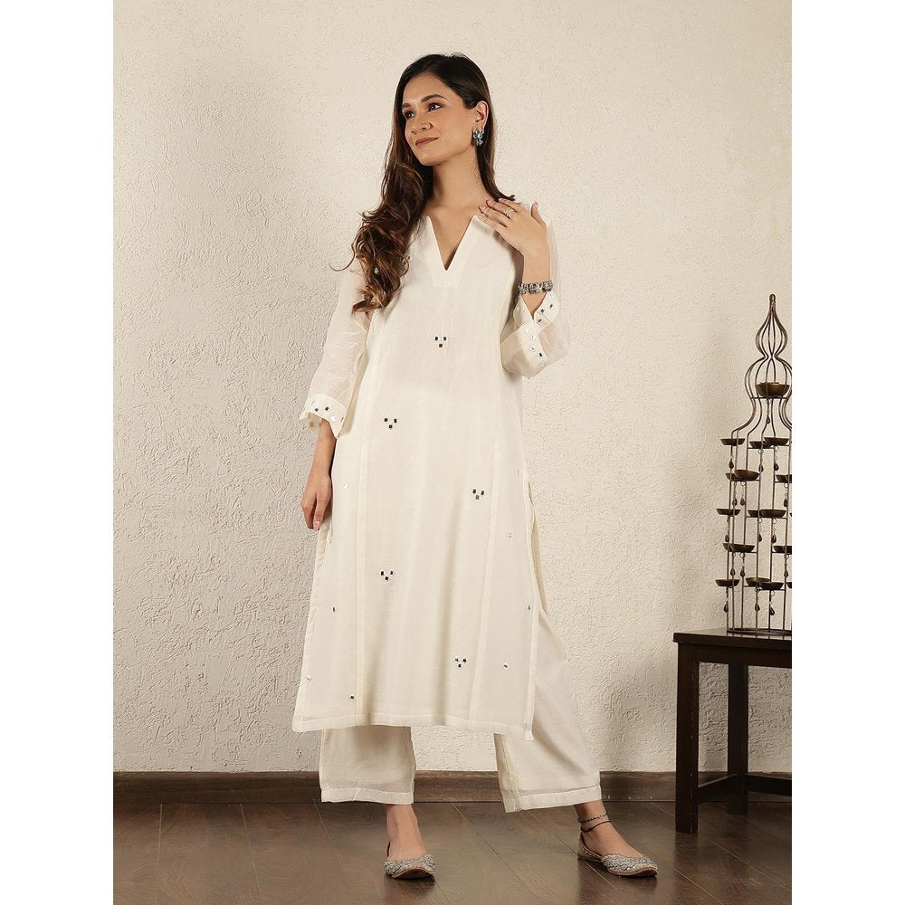 Spring Soul Off- White Mirror Work A-Line Kali Chanderi Suit