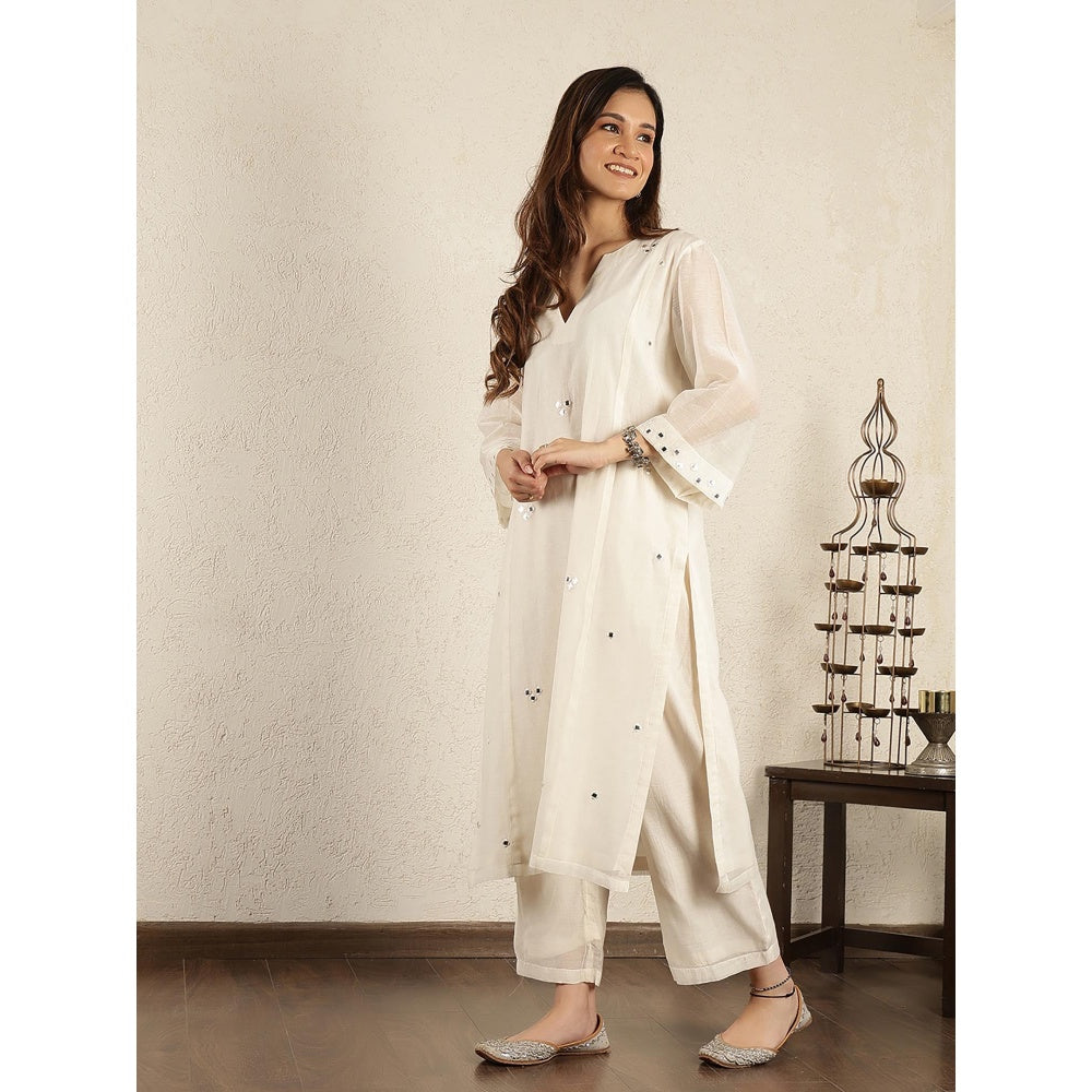 Spring Soul Off- White Mirror Work A-Line Kali Chanderi Suit