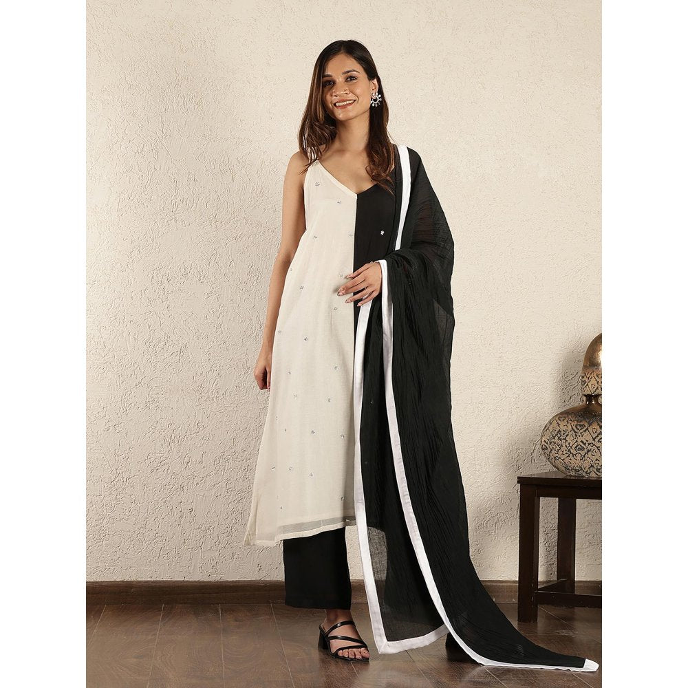 Spring Soul Black and White Colorblock Chanderi Suit Set with Dupatta