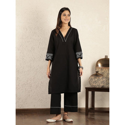 Spring Soul Black Kantha Embroidered Cotton Linen Suit
