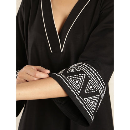 Spring Soul Black Kantha Embroidered Cotton Linen Suit