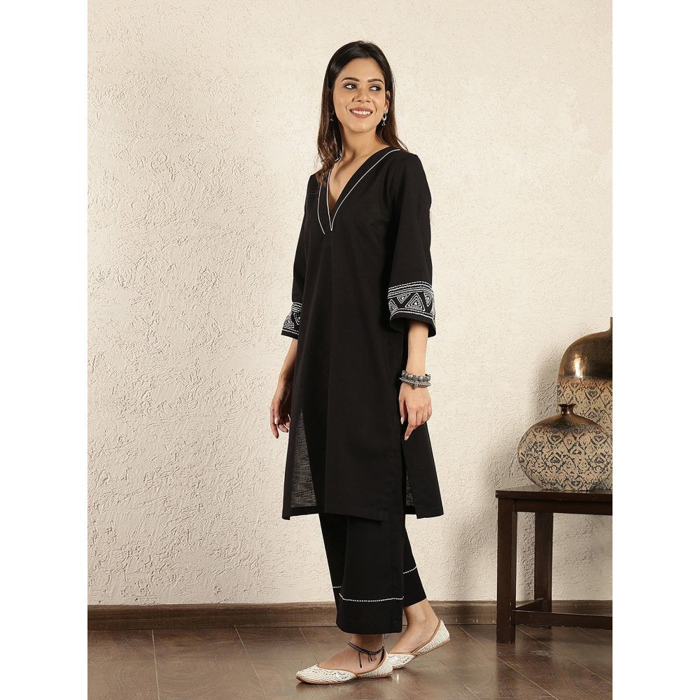 Spring Soul Black Kantha Embroidered Cotton Linen Suit