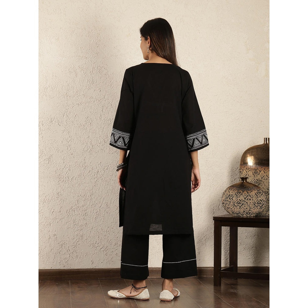 Spring Soul Black Kantha Embroidered Cotton Linen Suit