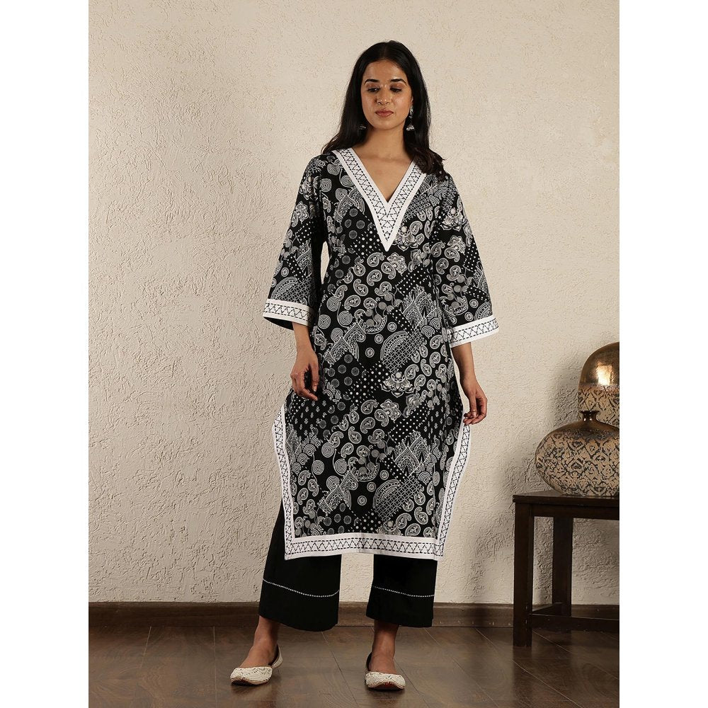 Spring Soul Black Hand Embroidered Printed Cotton Suit Set
