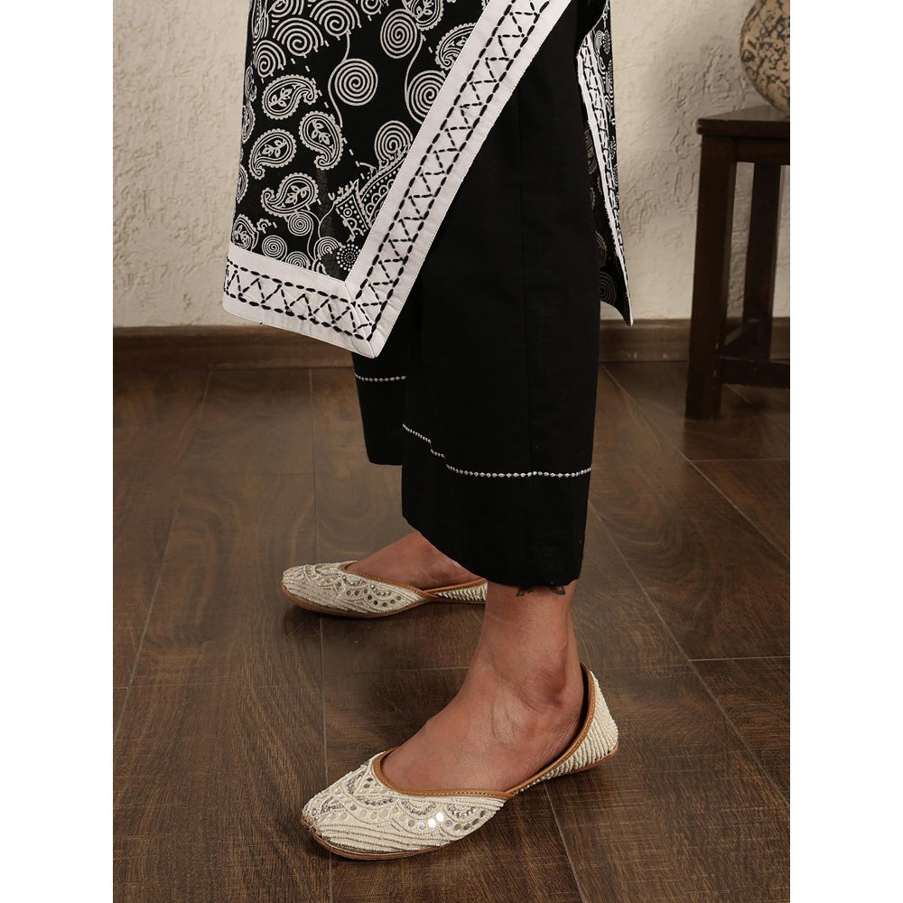 Spring Soul Black Hand Embroidered Printed Cotton Suit Set