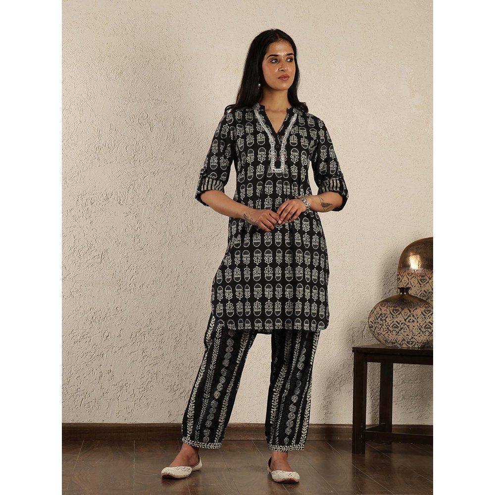 Spring Soul Black Printed Cotton Suit Set with Harem Pants