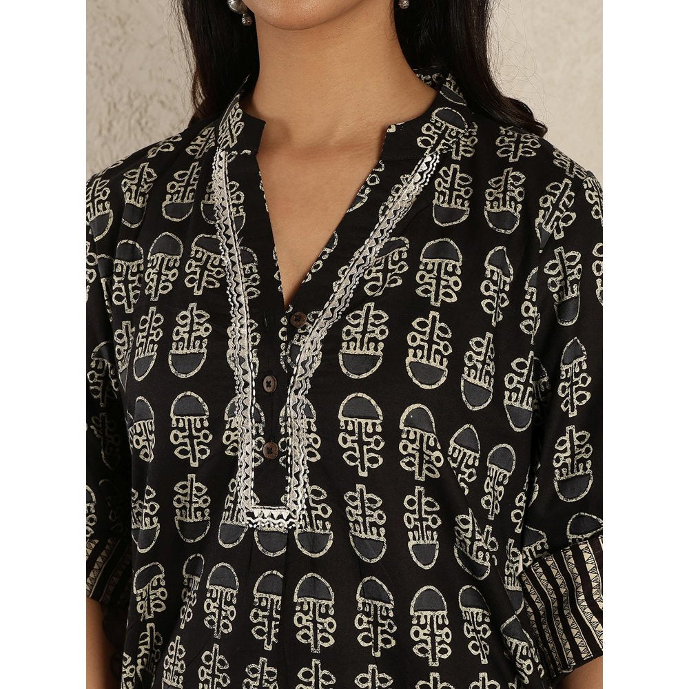 Spring Soul Black Printed Cotton Suit Set with Harem Pants