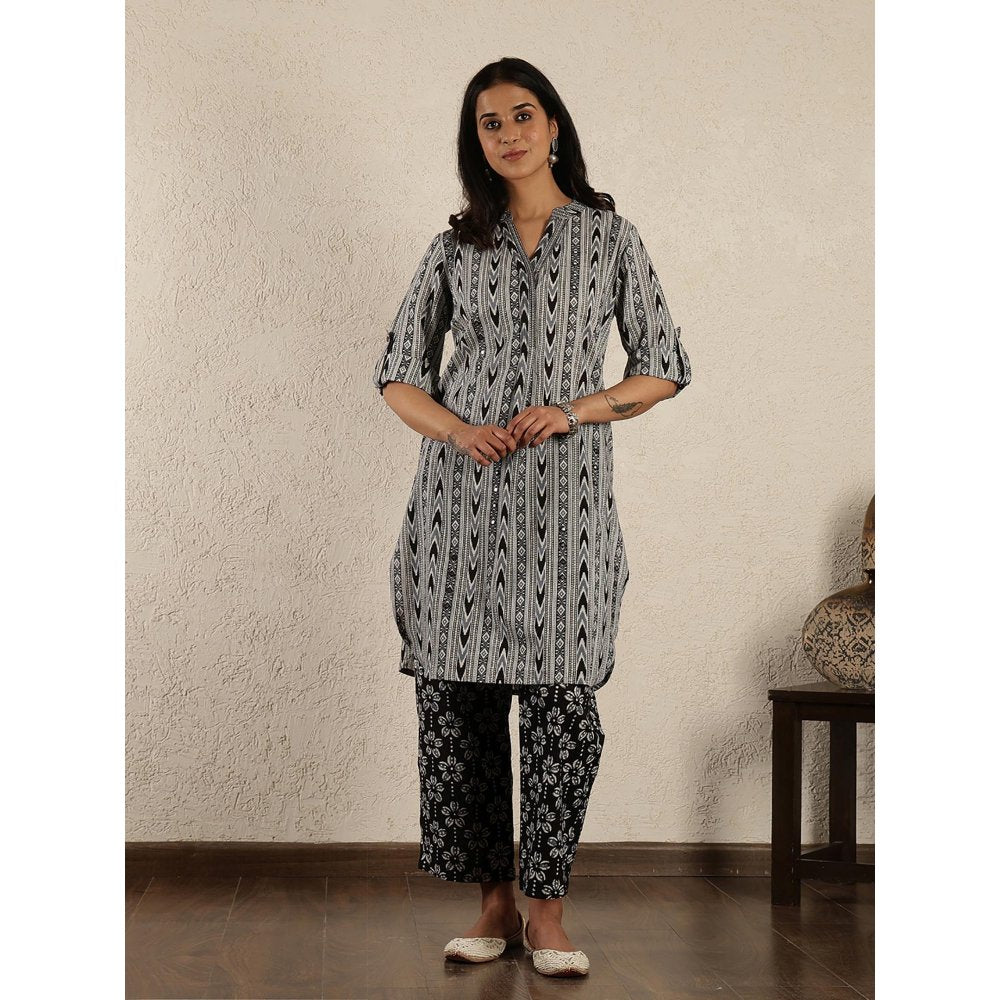 Spring Soul Black Ikat Printed Cotton Suit Set