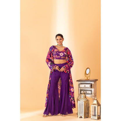 Sshilpa Samriya Purple Floral Printed Shrug with Bustier and Sharara (Set of 3)