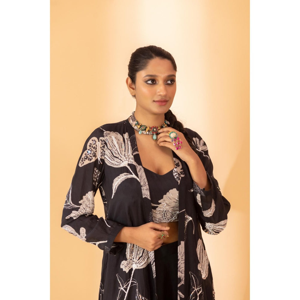Sshilpa Samriya Black Floral Printed Shrug with Bustier and Palazzo (Set of 3)